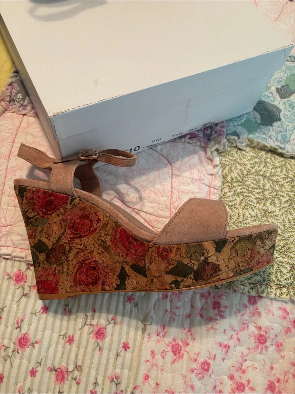Anthropologie Blush Suede Wedge Sandals with Floral Cork Platform